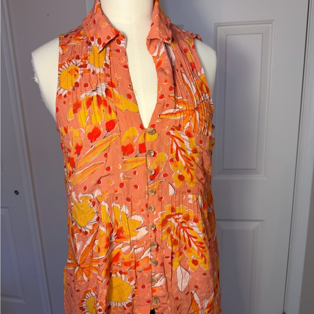 Vera for Anthropologie Coral Sleeveless Floral Button-Front Flowy Top Size Small